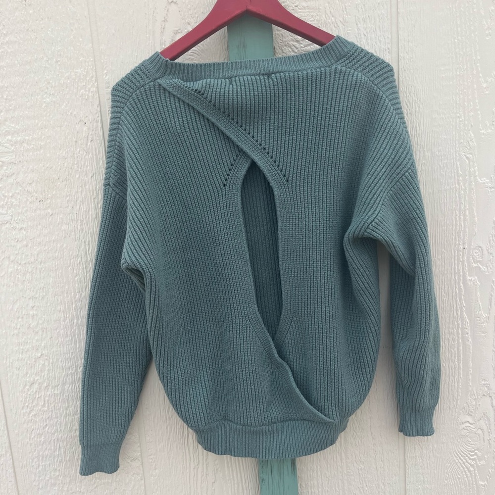 Muted Sage Green Shaker Knit Crossover Open Back Sweater size S